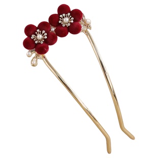 新中式红色梅花发簪玫瑰发钗簪子盘发U型簪汉服旗袍配饰国风发饰