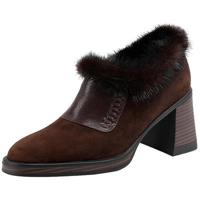 磨砂羊皮水貂毛毛领粗跟深口单鞋