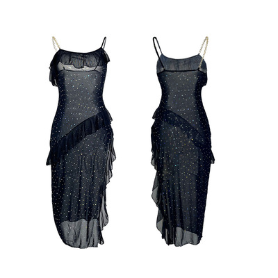 新品「追我 PursueMe」时尚性感荷叶边气质长裙亮片网纱透视睡裙