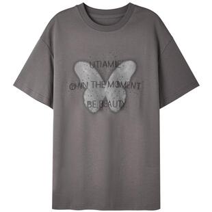 U/TI深灰色烫钻蝴蝶棉T恤女装 百搭简约亲肤短袖尤缇2025夏季新款