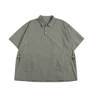 NOEARS夏季复古cityboy绿色条纹拼接短袖衬衣半门襟宽松衬衫男