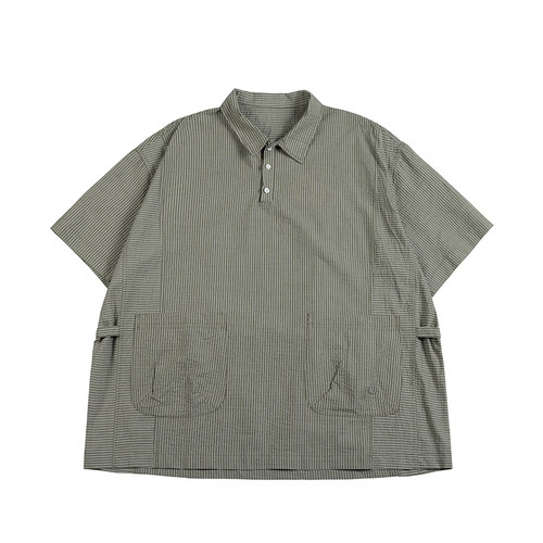 NOEARS夏季复古cityboy绿色条纹拼接短袖衬衣半门襟宽松衬衫男