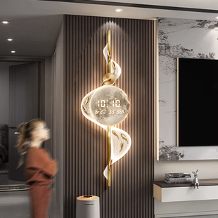 九鱼图客厅挂钟2025新款创意电子时钟壁灯画格栅背景墙数显屏钟表