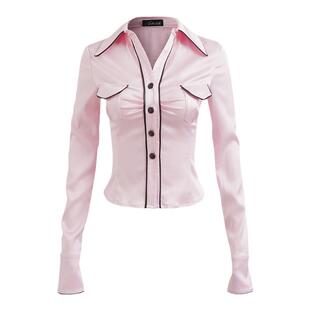 JELLOJELLO2024秋冬新款粉色醋酸拼PU紧身微弹衬衫