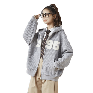 唐狮女装新款外套女春秋短款华夫格学院风连帽上衣休闲宽松