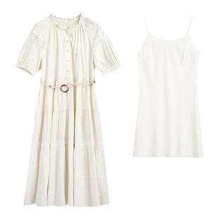 紫涵白色连衣裙女夏季新款法式甜美度假风叠穿吊带裙两件套仙女裙