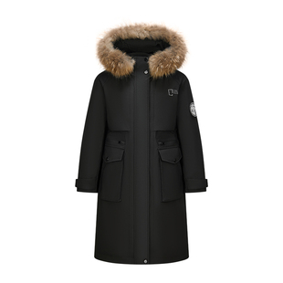 森马羽绒服女长款中国国家地理系列鹅绒毛领冬季三防外套加厚派克