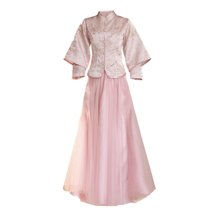 中式伴娘服2026新款夏季粉色大码胖mm姐妹团婚礼秀禾伴娘裙小个子