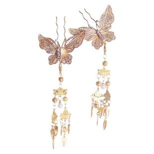 格格间原创【蝶梦】汉服长流苏发簪子掩鬓明制头饰珍珠古风唐u钗