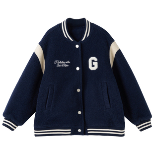 女大童藏青拼色毛绒棒球服2025冬季新款青少年加绒夹克学生厚外套