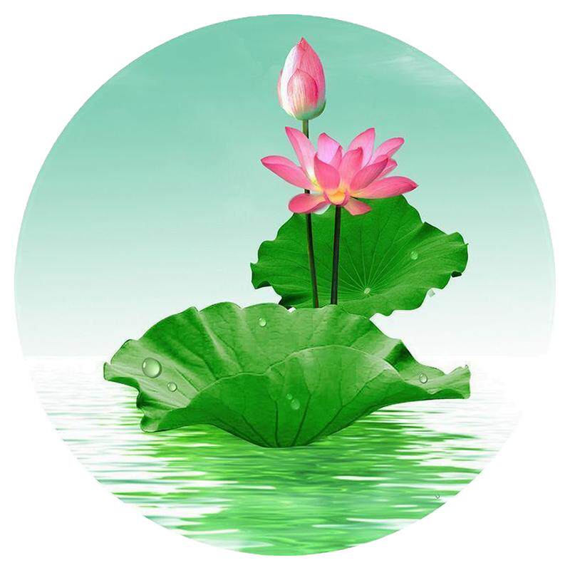 圆形荷花图流水生财蓝天白云荷花池莲花红太阳风水画客厅装饰贴画