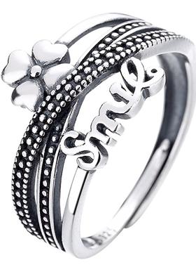 925银微笑复古四叶草通勤风戒指