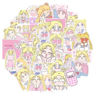 50张动漫美少女战士低饱和色系贴纸儿童可爱少女水兵月笔记本电脑行李箱手机滑板吉他冰箱涂鸦装饰防水贴画