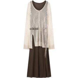 LAGOGO琥珀流光连衣裙两件套女拉谷谷2025秋冬新款长袖罩衫裙子套