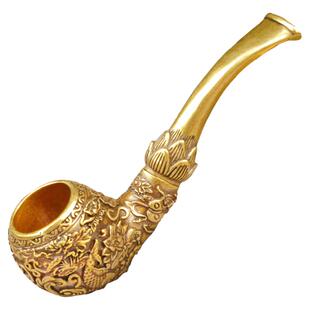 艾宝手工传统鲤鱼雕花老式旱烟袋黄铜一体创意中国风便携短款烟斗
