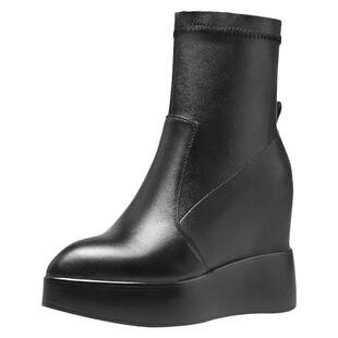 真皮12CM内增高马丁靴女春秋短靴尖头百搭厚底坡跟短筒女靴子单靴