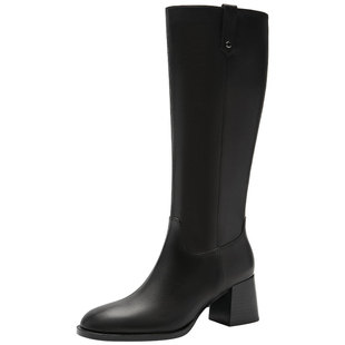 Nine West/玖熙侧拉链粗跟骑士长靴女通勤圆头直筒不过膝高筒皮靴