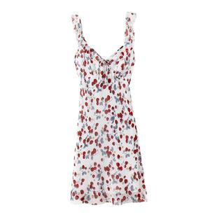 1OO%真丝建宏绉 度假风荷叶边吊带草莓印花连衣裙