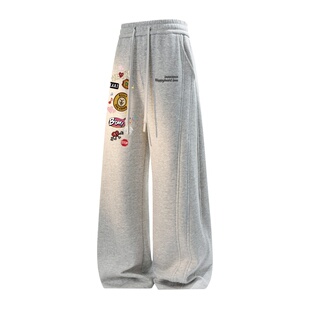 查尔斯桃心解构涂鸦印花裤子男春秋季新款宽松直筒潮牌休闲长卫裤