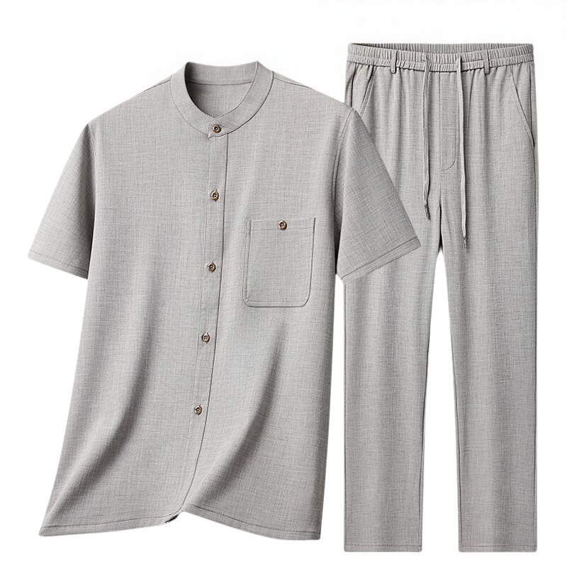 【天丝亚麻 开衫套装】夏季男上衣短袖中老年爸爸两件套老人衣服