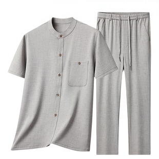 【天丝亚麻 开衫套装】夏季男上衣短袖中老年爸爸两件套老人衣服