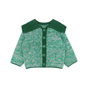 大耳象女童撞色大翻领毛衣开衫冬新款宝儿针织羊毛混纺保暖厚上衣