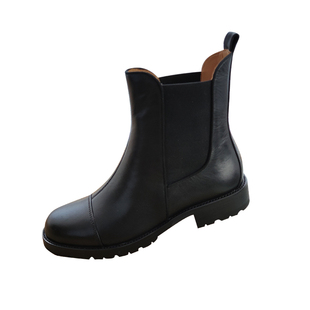 独佳丑手工鞋圆头切尔酉一脚蹬显瘦静音防滑轮胎底牛皮骑士女靴