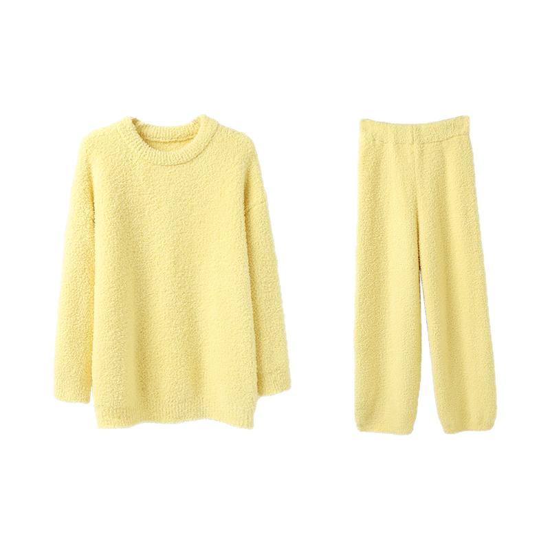 安之伴半边绒睡衣女秋冬新款元气少女家居服简约圆领纯色保暖套装