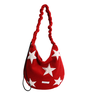 韩系甜美星星毛绒托特包女2026新款女大容量通勤单肩包红色斜挎包