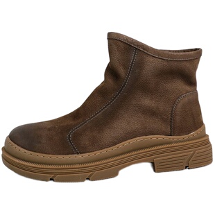 脱毒家 牛皮手工女鞋森系女靴侧拉链真皮复古短靴加绒保暖棉靴女