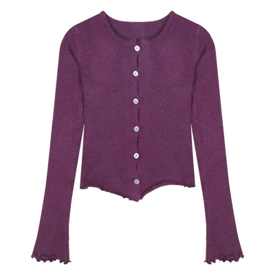 高贵葡萄紫长袖针织毛衣开衫上衣