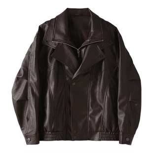 LUUD 硬朗酷感PU皮荔枝纹双门襟防风外套男重工假两件双层领夹克