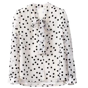 Lavinia2025春季精致优雅通勤气质蝴蝶结飘带波点长袖蕾丝衬衫女