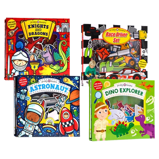 宝宝角色扮演玩具书英文原版绘本 Let's Pretend 恐龙猎人 Priddy Books 飞行员厨师赛车手骑士与龙消防员拼图游戏玩具操作书