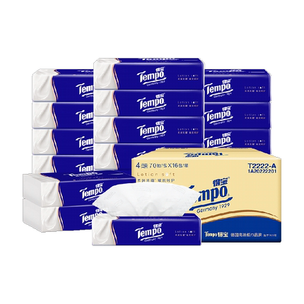 【下拉详情领优惠】Tempo/得宝乳霜纸巾四层箱装70抽*16包