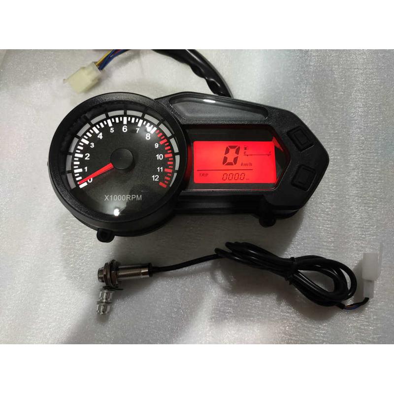 摩托裸把化油器车改装液晶仪表时速转速红蓝色可调6档水温油量表