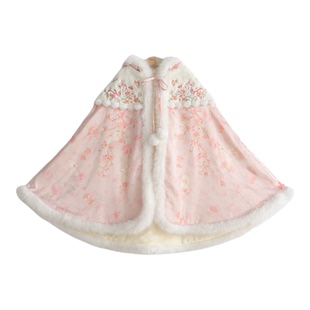 女童披风冬款加绒加厚古风带帽防风保暖绣花高质量汉服斗篷披肩