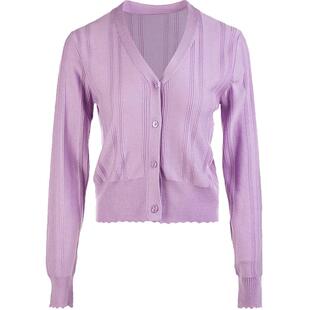 名师路开衫针织外套女春新款V领波浪边长袖绵羊毛短款毛衣