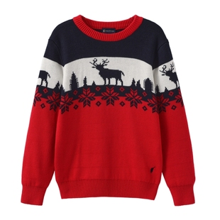 POLOWALK童装毛衣男秋冬新款儿童毛衫卡通圆领新年红色打底衫