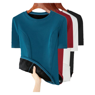 秋冬新款圆领修身显瘦压线拼接加绒保暖加厚中袖体恤上衣女打底衫