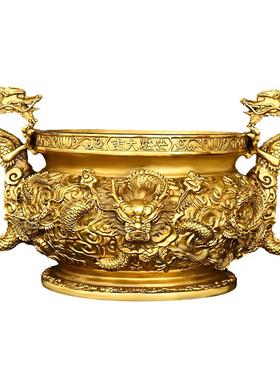 黄铜九龙香炉摆件大号圆底炉双龙家用室内供奉香薰炉工艺品龙戏珠