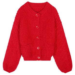 今屿花花 慵懒松弛感毛线衣2025年新款小个子红色毛衣女麻花开衫