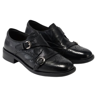 fed黑色布洛克鞋女春季新款女鞋墨影双环乐福鞋通勤单鞋女款ZC221