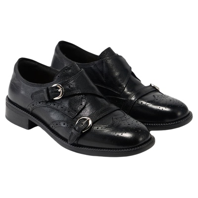 fed黑色布洛克鞋女春季新款女鞋墨影双环乐福鞋通勤单鞋女款ZC221