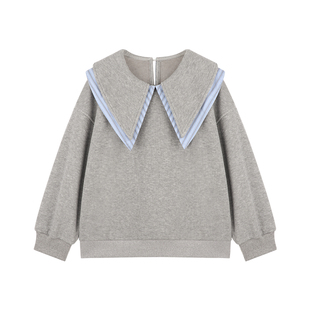 Amybaby女童上衣春季2026新款计感休闲纯色条纹拼接翻领长袖卫衣