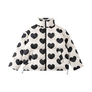 太阳照常升起 国潮90白鸭绒爱心印花羽绒服冬季立领情侣外套RERM