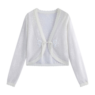 固执夏季新款新中式v领盘扣流苏提花长袖短款薄针织开衫外搭