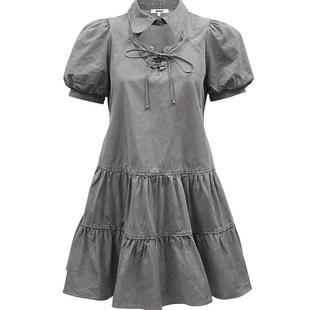 ONLY夏季气质甜美学院风泡泡袖翻领系扣镂空百褶短裙连衣裙女