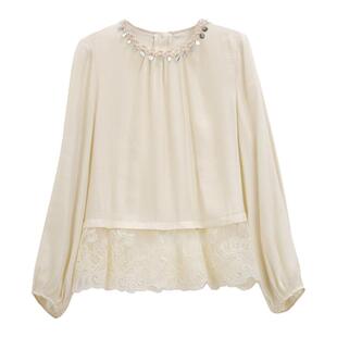 芭依璐2026春装新款衬衫水钻钉珠拼接蕾丝花边长袖套头上衣衬衣女