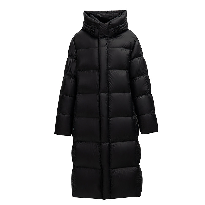雪伦修身黑金长款连帽加厚羽绒服